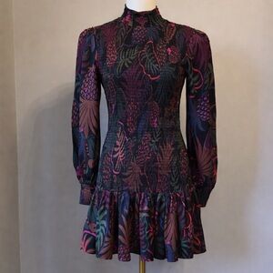 FARM RIO Black Multicolor Long Sleeve Smocked Floral Dress